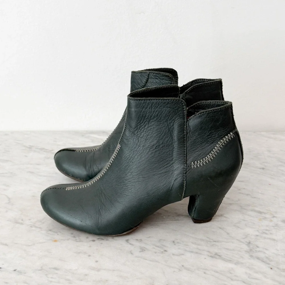 Artisan Sergio Tomani Leather Ankle Boots 38 Green Contrast Stitch Block Heel‎